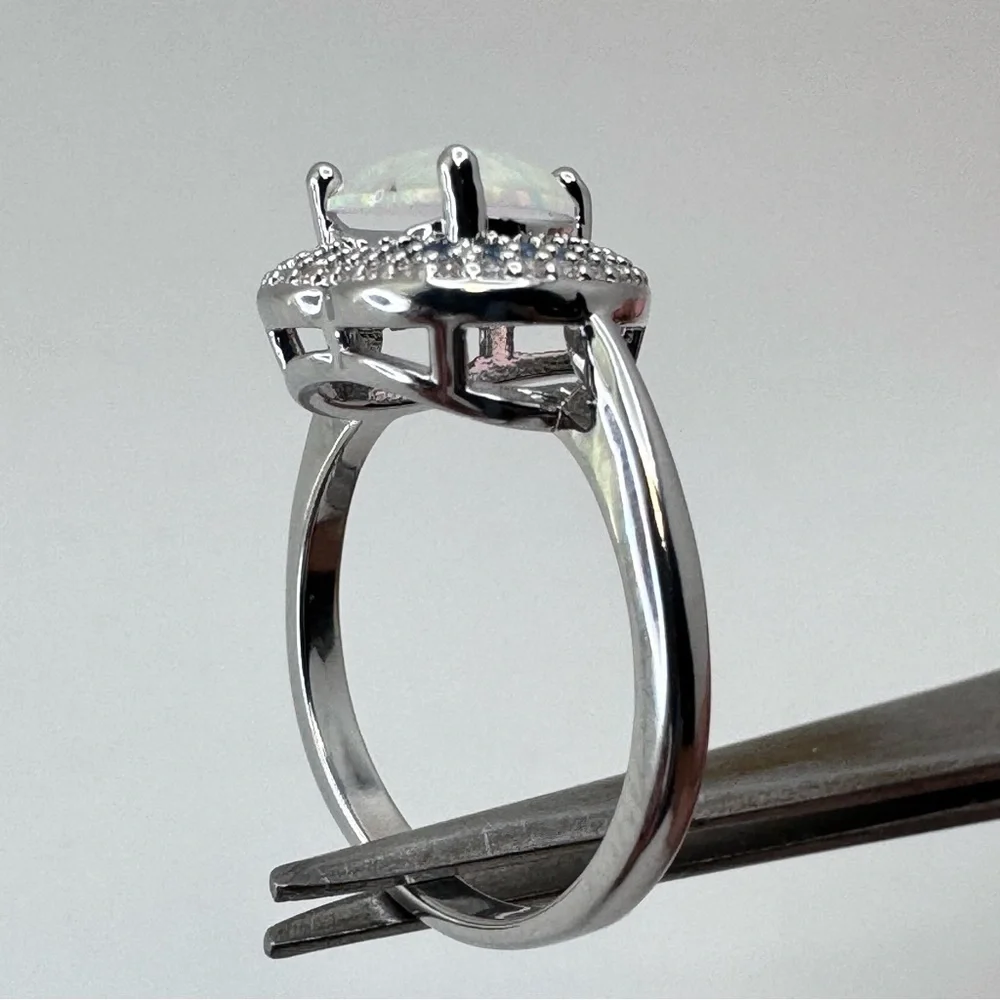 New Faux Opal Heart Halo Ring Blue White Diamond CZ Silver Boho Glam Statement